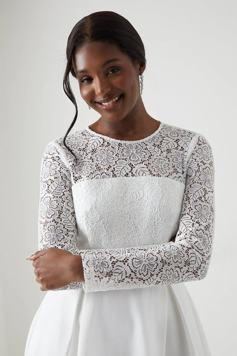 Shop Long Sleeve Lace Ponte Midi Wedding Dress Online in Oman
