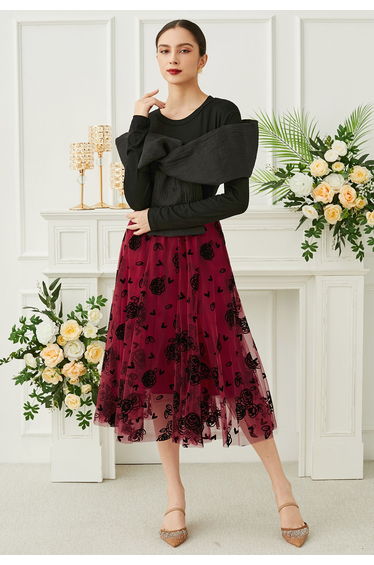 3D Rose and Heart Mesh Midi Skirt in Red