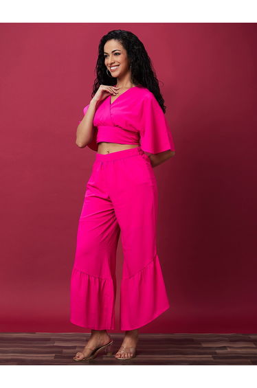 Pink Solid Wrap Top and Flared Palazzo Co-Ords
