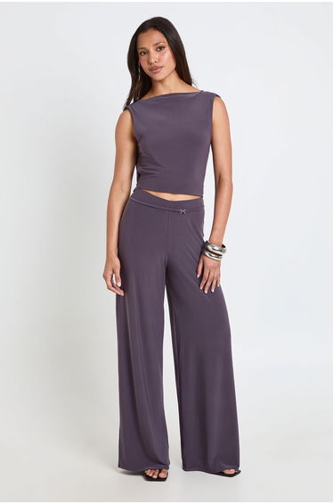 Wide Leg Trouser With Waist Trim - charcoal