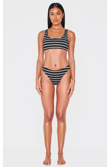 Black Striped Crinkle Tanga Bikini Bottoms