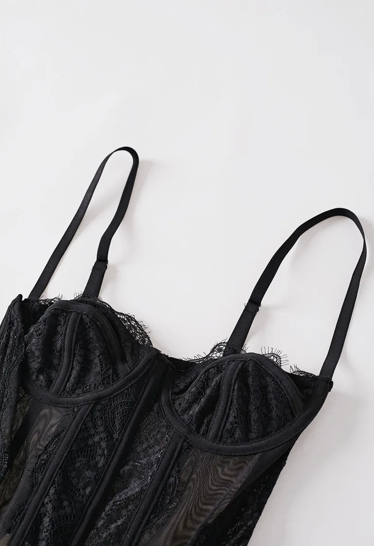 Elegant Sheer Lace Mesh Bustier Top in Black for Cocktail Parties & Retro Themed Events - 1