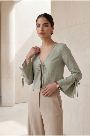 MY FASHION Crop Tie Detail V-Neck Linen Shirt