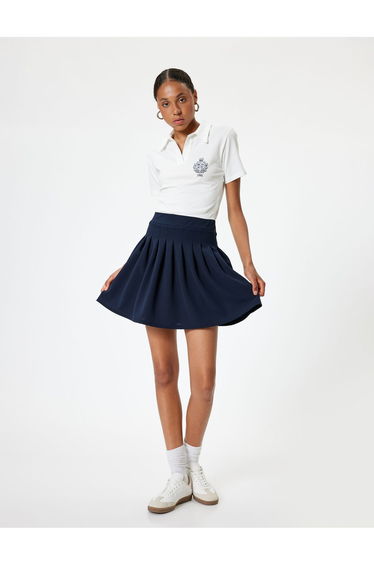 Polo Neck Dress Mini Pleated Short Sleeve College Embroidered Pique Fabric