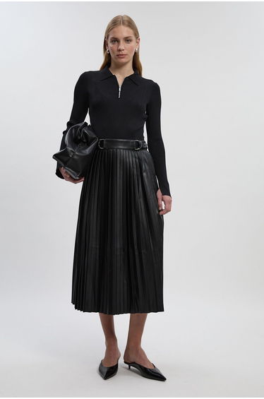 Petite Knitted Zip Neck Pu Mix Pleated Dress