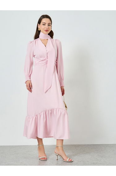 Women Pink Midi Dress with Tie-Detail