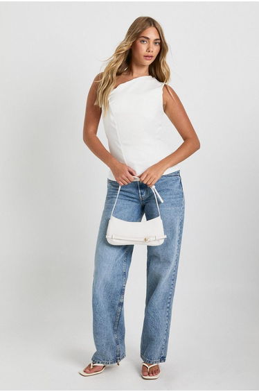Gold Button One Shoulder Top - white