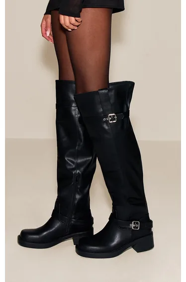 Black PU Buckle Detail Over The Knee Boots