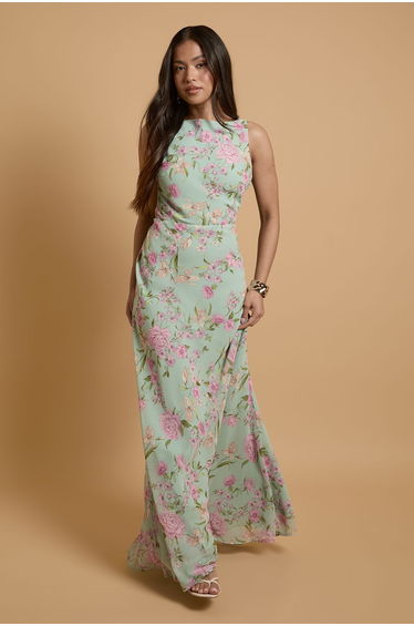 Petite Lace Cowl Back Chiffon Printed Maxi Dress