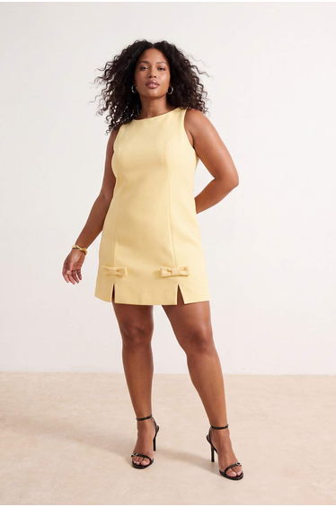 Light Yellow Mini A-Line Bow Detail Woven Plus Size Dress