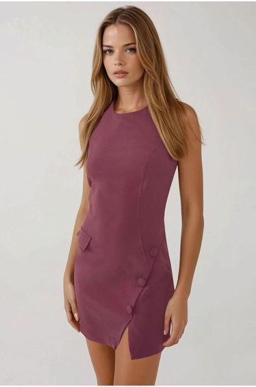 Fitted Crew Neck Mini Dress with Buttons