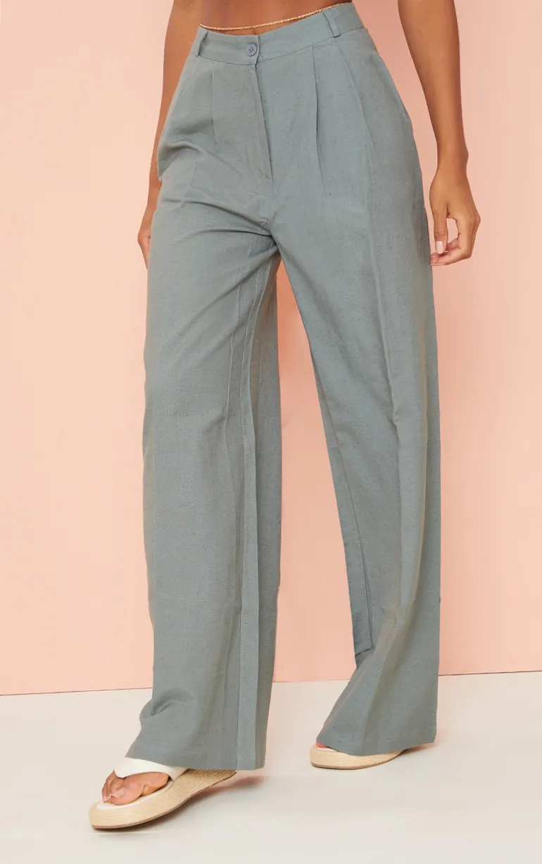 Grey Linen Look High Waist Wide Leg Trousers - 1