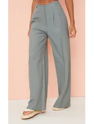 Grey Linen Look High Waist Wide Leg Trousers - 1