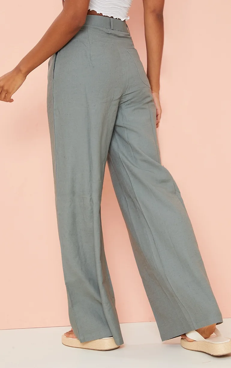 Grey Linen Look High Waist Wide Leg Trousers - 2