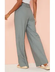 Grey Linen Look High Waist Wide Leg Trousers - 2