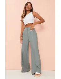 Grey Linen Look High Waist Wide Leg Trousers