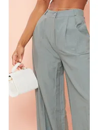 Grey Linen Look High Waist Wide Leg Trousers - 3