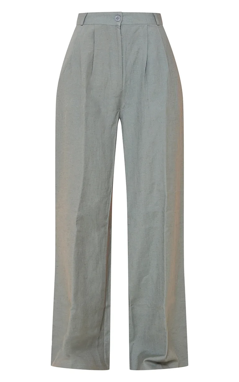 Grey Linen Look High Waist Wide Leg Trousers - 4