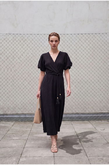 MY FASHION Belted V-Neck Maxi Wrap Dress