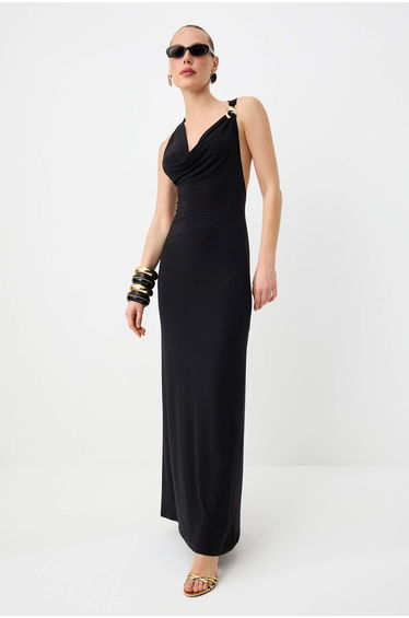 Black Accessory Detailed Lined Knitted Maxi Evening & Graduation Dress