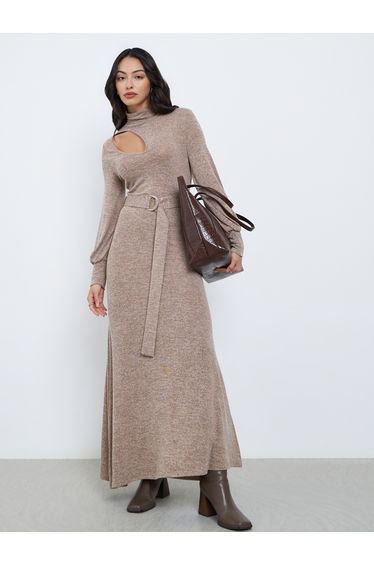 Brown Cut-Out Detail Belted Sweater Maxi Dress