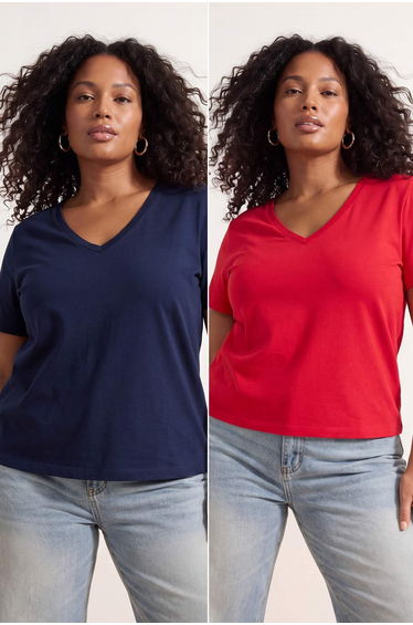 Red-Navy Blue 2'Li Package Basic V-Neck %100 Cotton Knitted Large Size T-Shirt