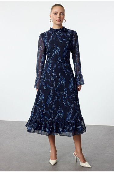 Blue Floral Patterned A-Line Stand Collar Midi Lined Chiffon Woven Winter Dress