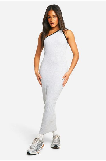Contrast Binding One Shoulder Midaxi Dress - grey marl