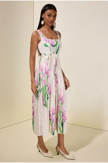 Floral Square Collar Pleated Midi Dress