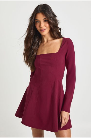 Bengaline Square Neck Godet Hem Skater Dress - wine
