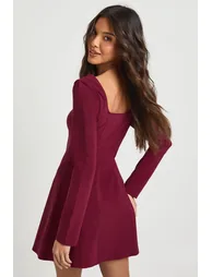 Bengaline Square Neck Godet Hem Skater Dress - wine - 1