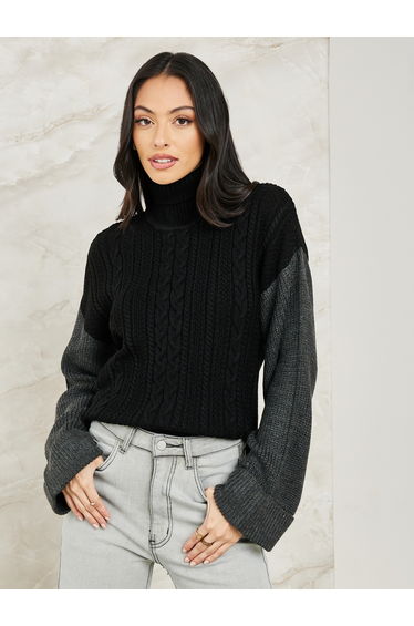Oversized Cable Knit Colorblock Sweater with Extended Sleeve
