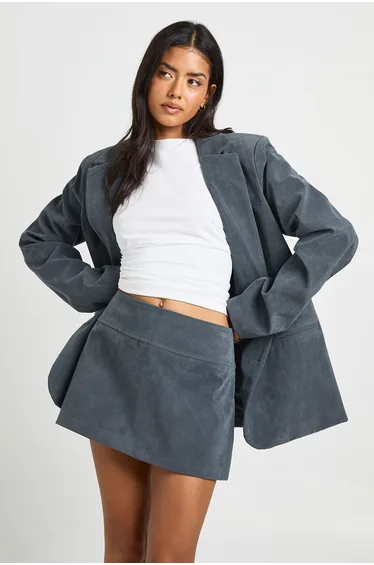 Faux Suede Tailored A-line Mini Skirt - slate grey