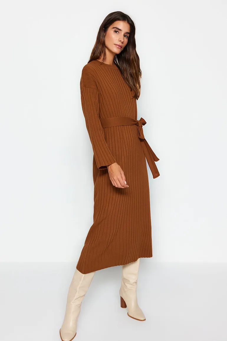 Shop Dark Brown Belted Rib Knitwear Dress Online in Oman