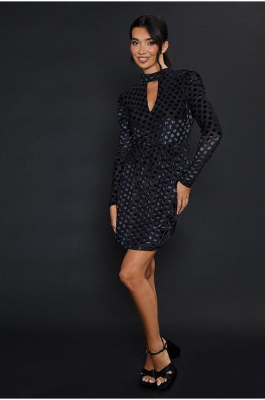 Black Spot Devore Long Sleeve Mini Dress
