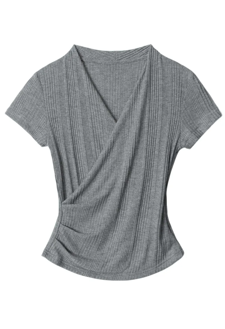 Faux Wrap Short Sleeves Ribbed Knit Top in Heather Grey for Office Days & Brunch Dates - 3