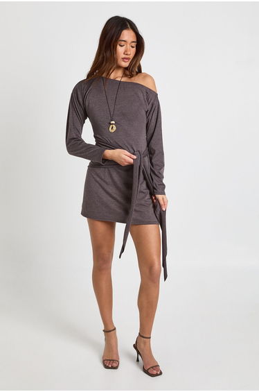 Marl Asym Shoulder Tie Waist Mini Dress - coffee
