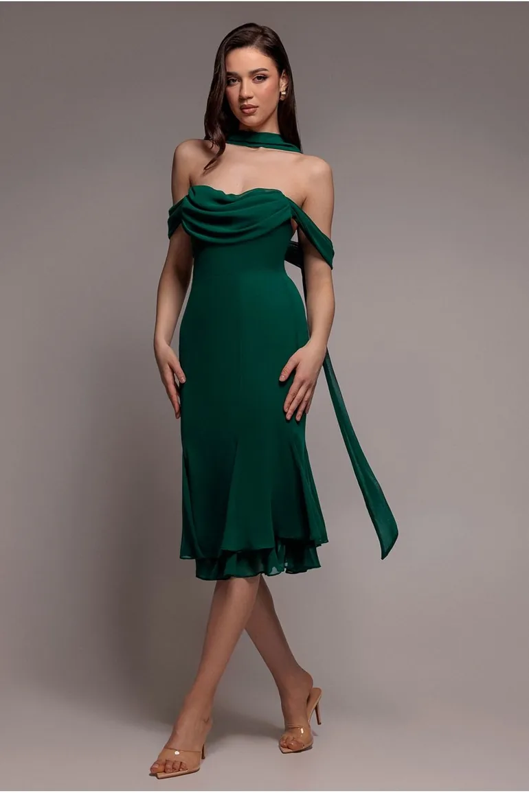 Chiffon Cowl Off Shoulder Wing Tiered Midi Dress - Emerald Green by Goddiva  Goddiva Green : Evening Dresses : VogaCloset Iraq