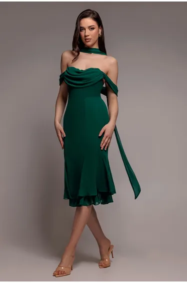 Chiffon Cowl Off Shoulder Wing Tiered Midi Dress - Emerald Green by Goddiva