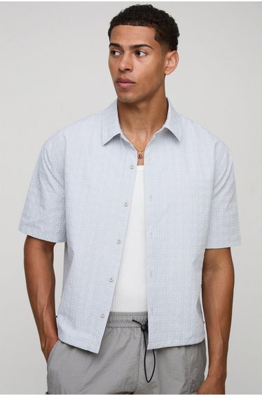 Oversized Boxy Technical Check Bungee Hem Shirt - light grey