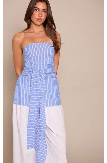Light Blue Striped Linen Tie Front Bandeau