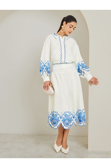 Cream Embroidered Hem Flared Midi Skirt