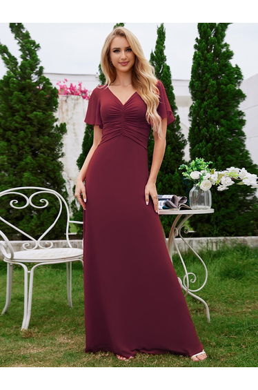ever ELIOTTE|Ruffled Sleeves and V-Neck Pleated A-Line Chiffon Bridesmaid Dress