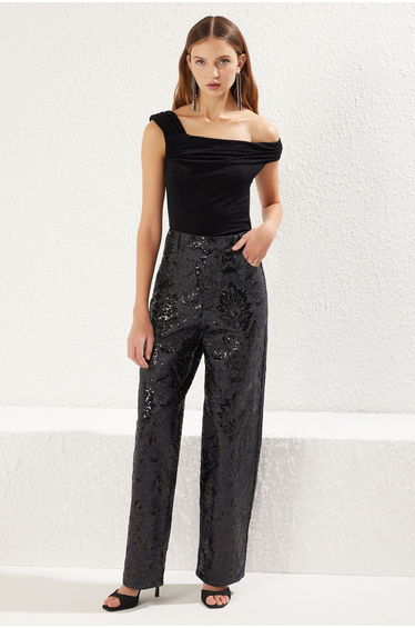 Black Asymmetric Collar Glittery Knitted Bodysuit