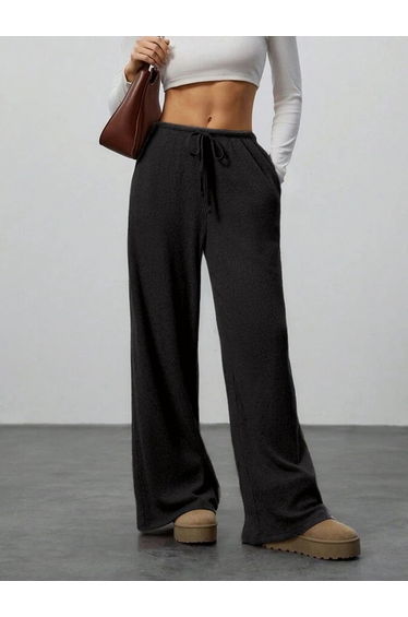 Black Wide Leg Textured Pants with Drawstring