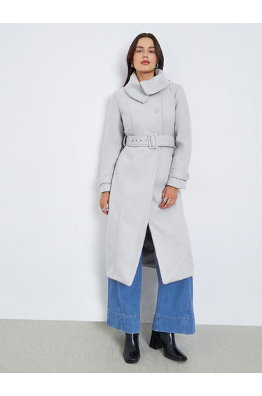 Grey Midi Belted Wool Coat
