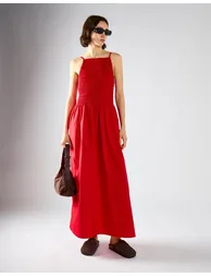 Red Shirring Body Boat Neck Maxi Dress - 2