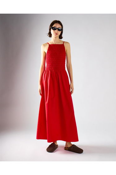 Red Shirring Body Boat Neck Maxi Dress