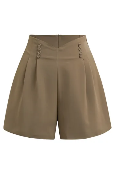 Button-Embellished Dipped Front Waist Shorts in Brown