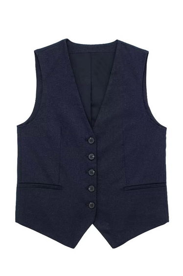 V-Neck Buttoned Down Linen-Blend Vest in Navy